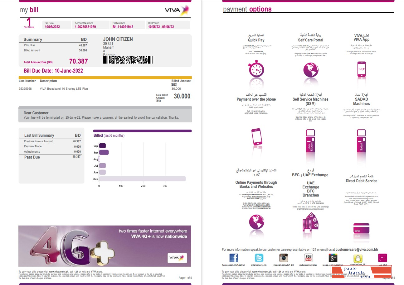 Bahrain Viva my utility bill Word and PDF template, 5 pages 1 2